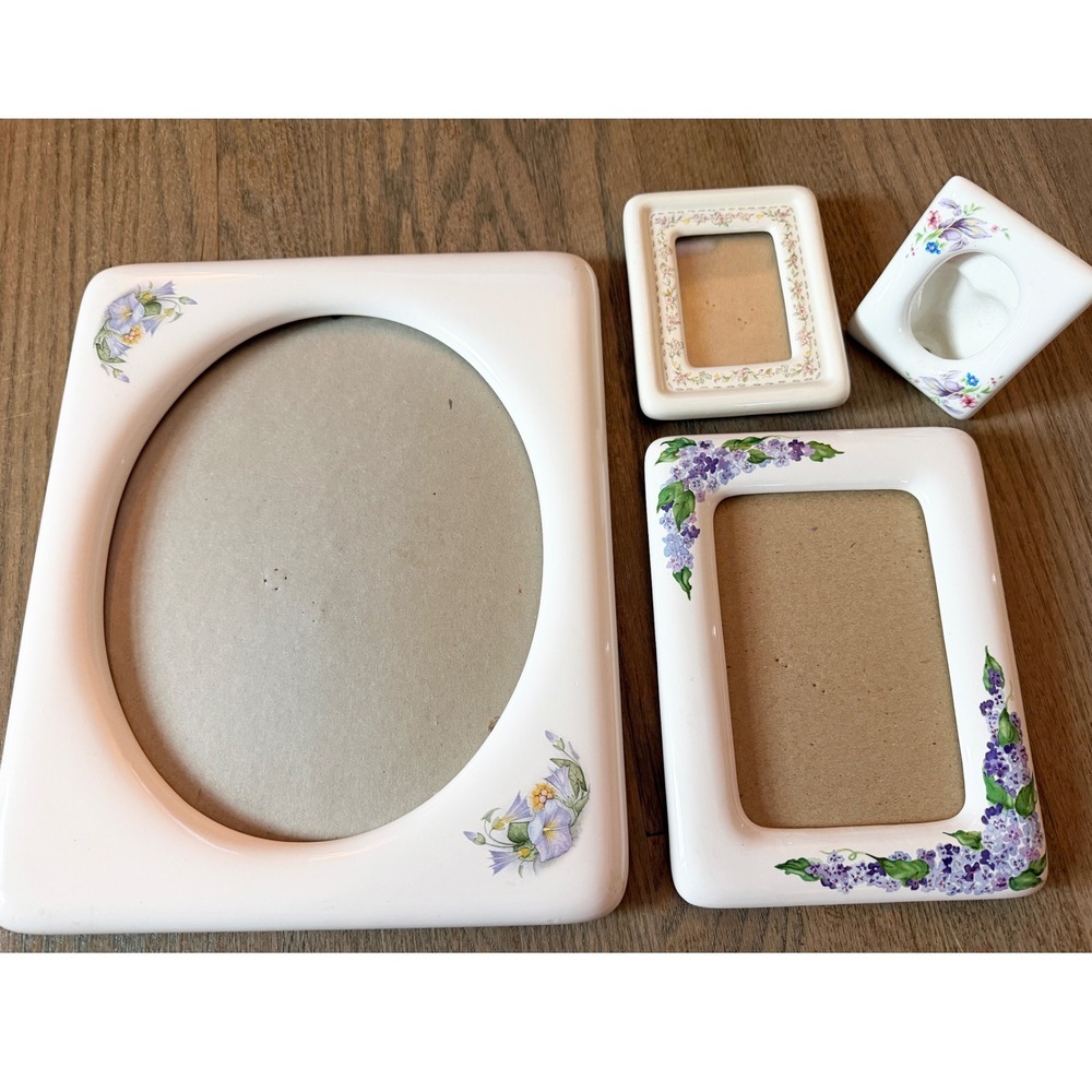 Vintage Floral Porcelain Picture Frame Set 4 White Ceramic Lilac Morning Glory
